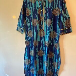 Blue and Green Patterned Tunic Dress